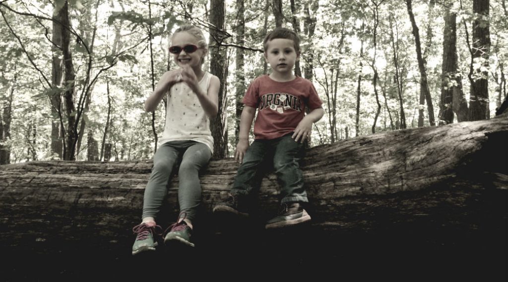 photo of my children sitting on a log in the woods