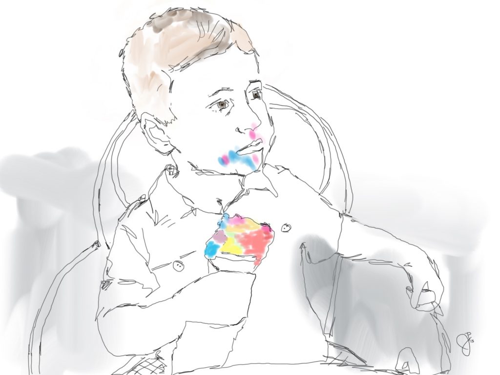 sketch of young boy eating colorful ice cream by jeffrey pillow