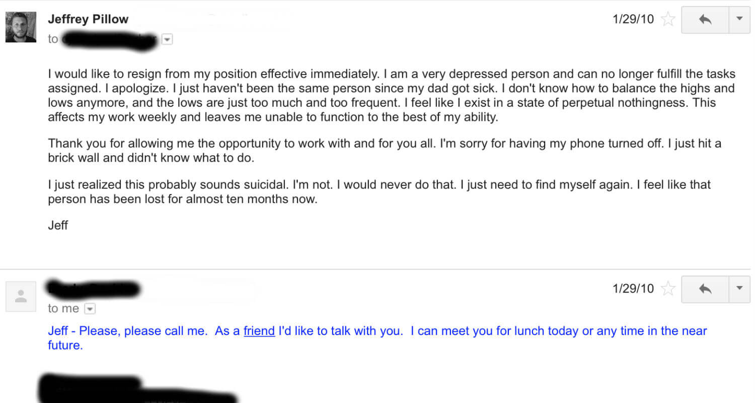 an email about quitting my job when i was severely depressed