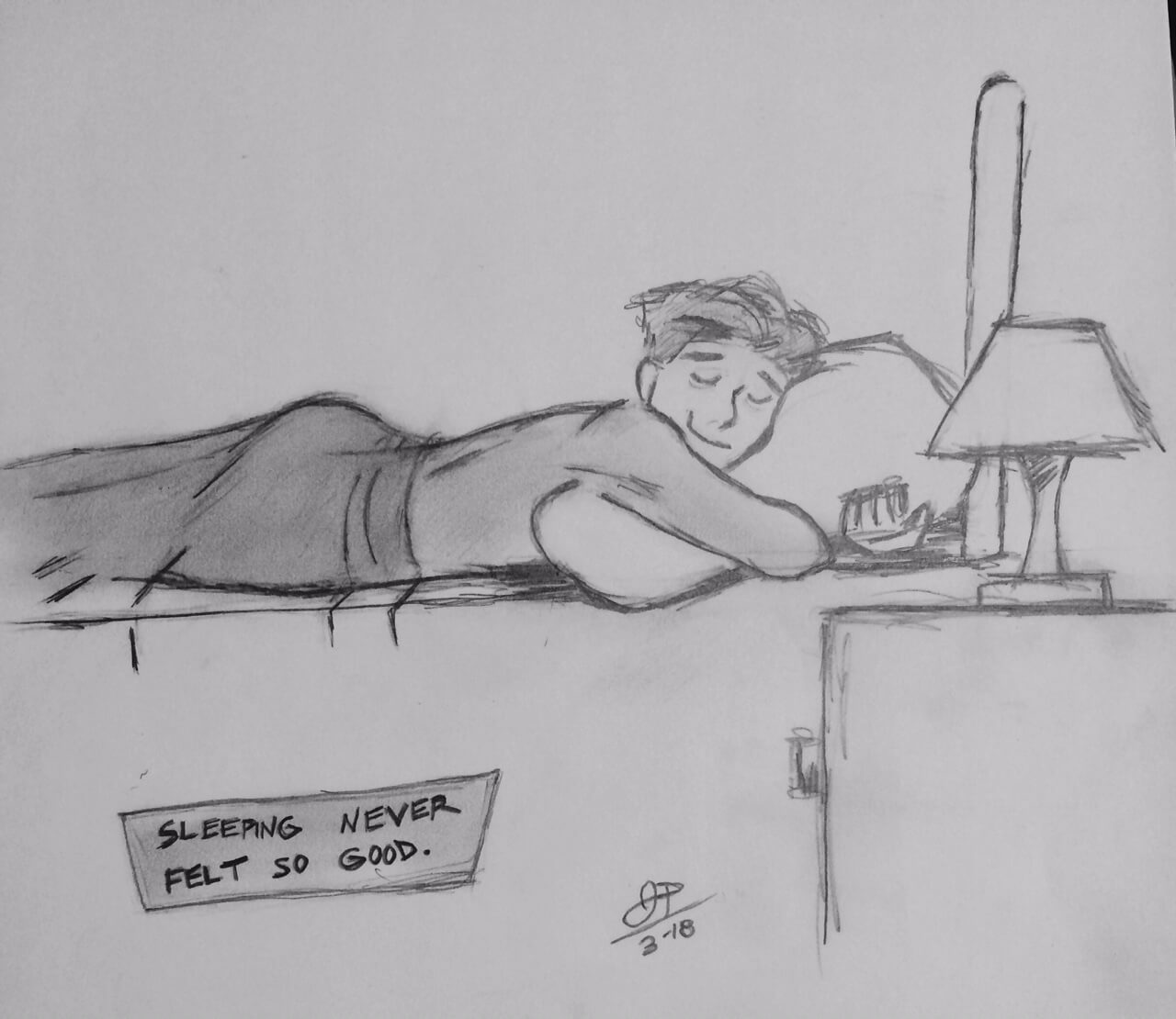 drawing of a man sleeping in his bed hugging the pillow