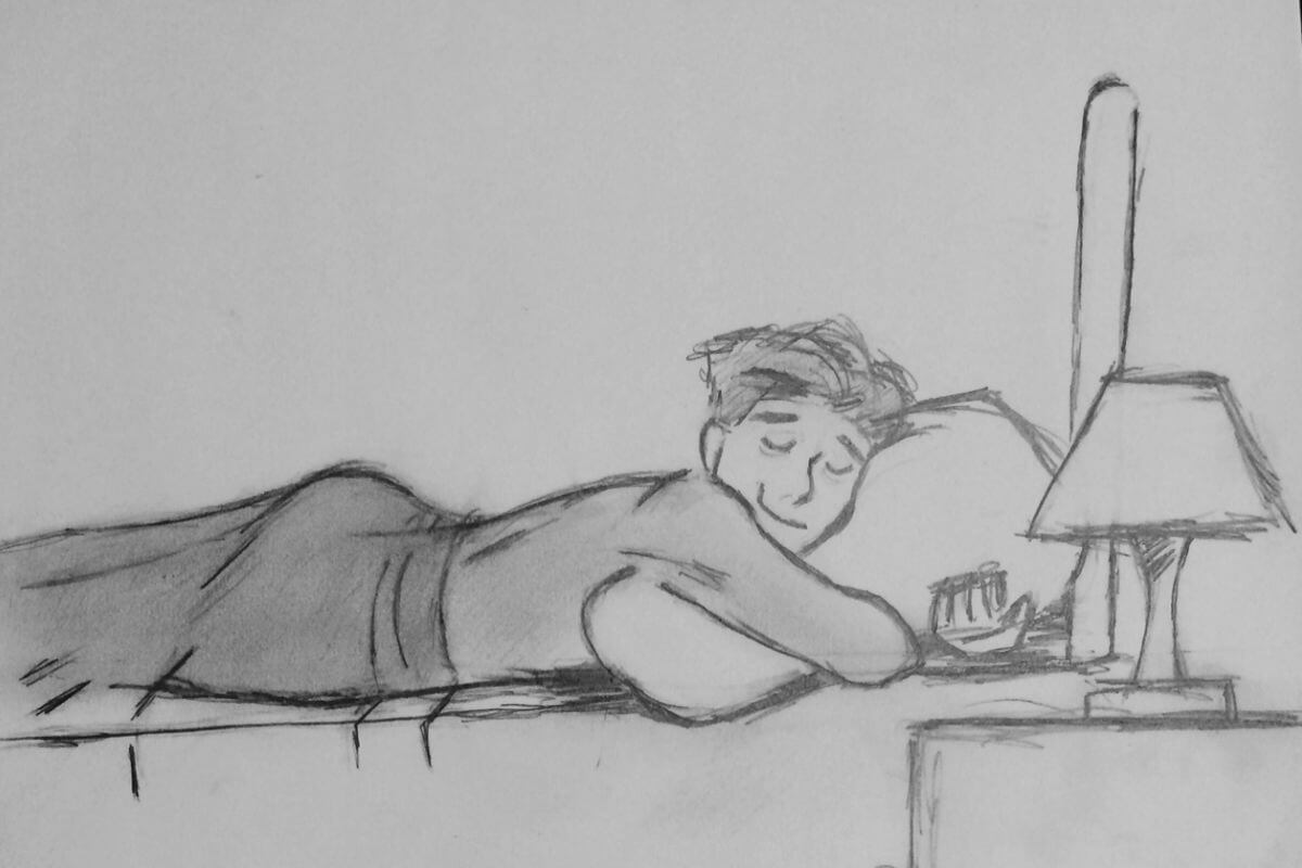 cartoon sketch of a man asleep in bed hugging pillow