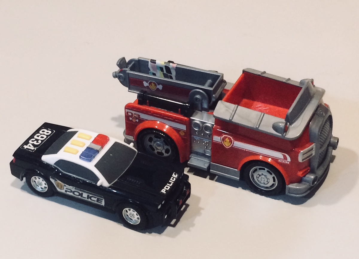 toy fire truck and police car