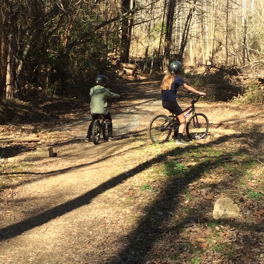 kids riding bikes down a nature trail