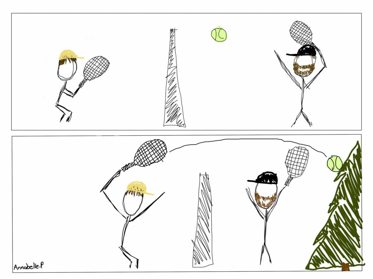 Stick figures playing tennis. In the second image, the stick figure hits the ball over the fence into a tree.