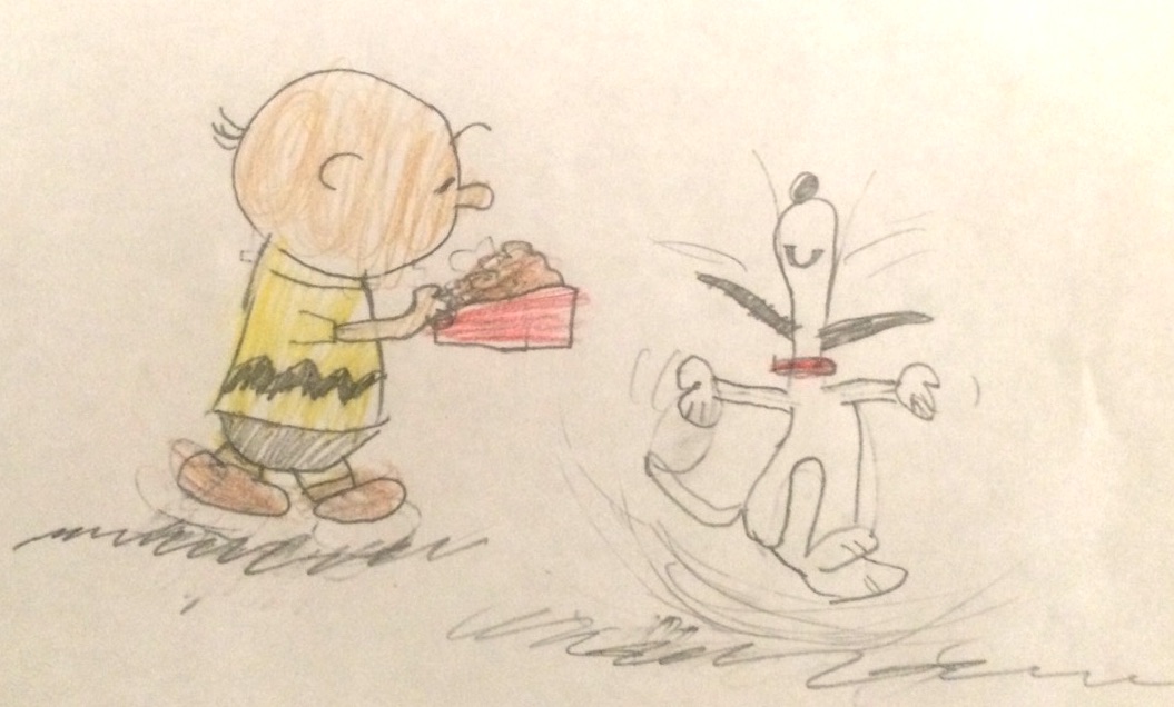 A child's version of Charlie Brown and Snoopy. In the drawing, Charlie Brown is bringing Snoopy a red bowl of dog food. Snoopy dances in joy.