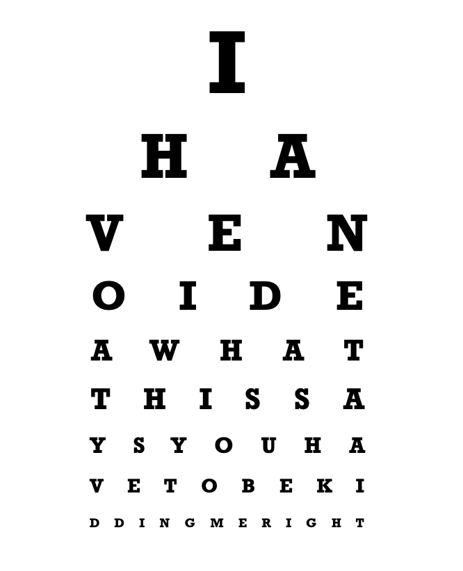 An eye chart for middle age humor and aging in the classic format but the text is replaced with letters that spell out, "I have no idea what this says. You have to be kidding me, right?"