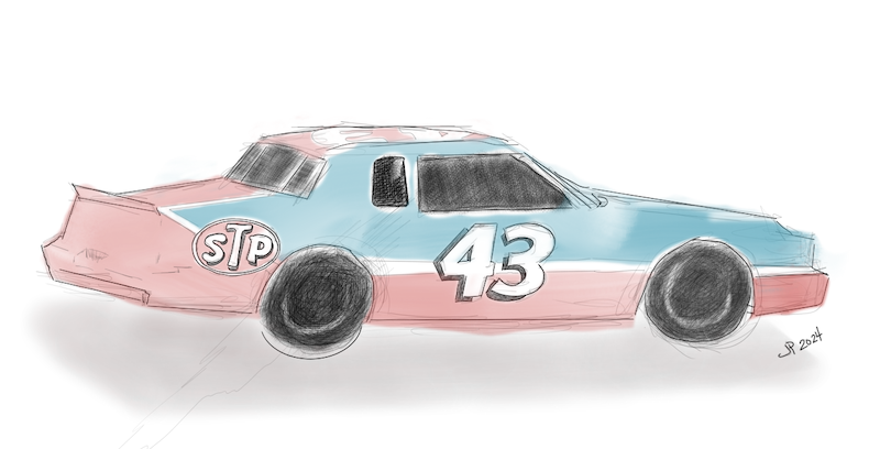 sketch of richard petty's number 43 race car in response to a memory about south boston speedway and the time i slammed my finger in the car door