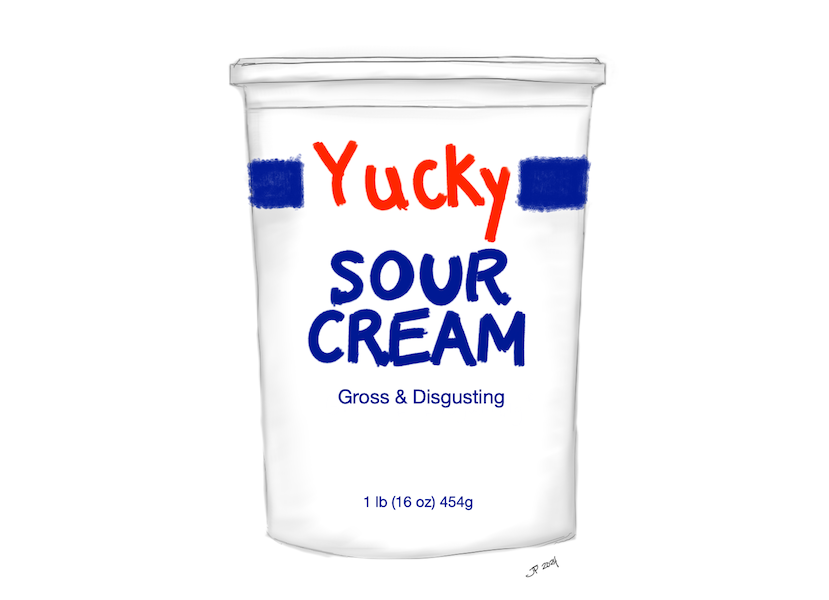 satirical pop art drawing of a sour cream container from the company Yucky with the tagline: "Gross and Disgusting."