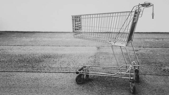 black and white photograph of a grocery shopping cart with the caption no need to shop for ideas